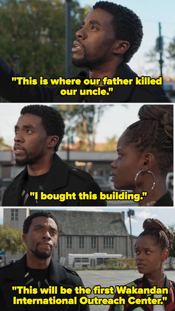 T&#x27;Challa telling Shuri, &quot;This is where our father killed our uncle. I bought this building. This will be the first Wakandan International Outreach Center,&quot;