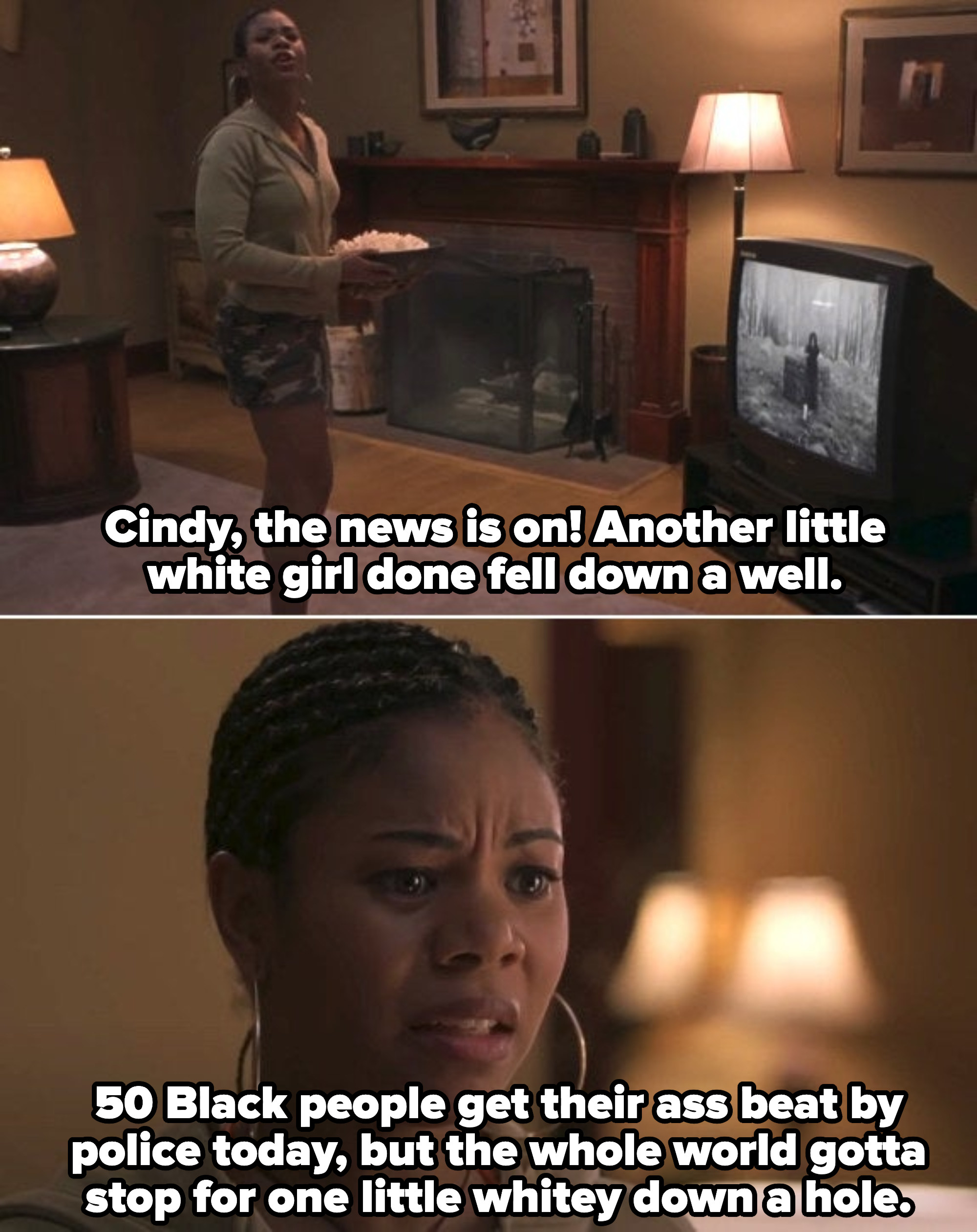 Brenda watching the news and telling Cindy a white girl fell down the well