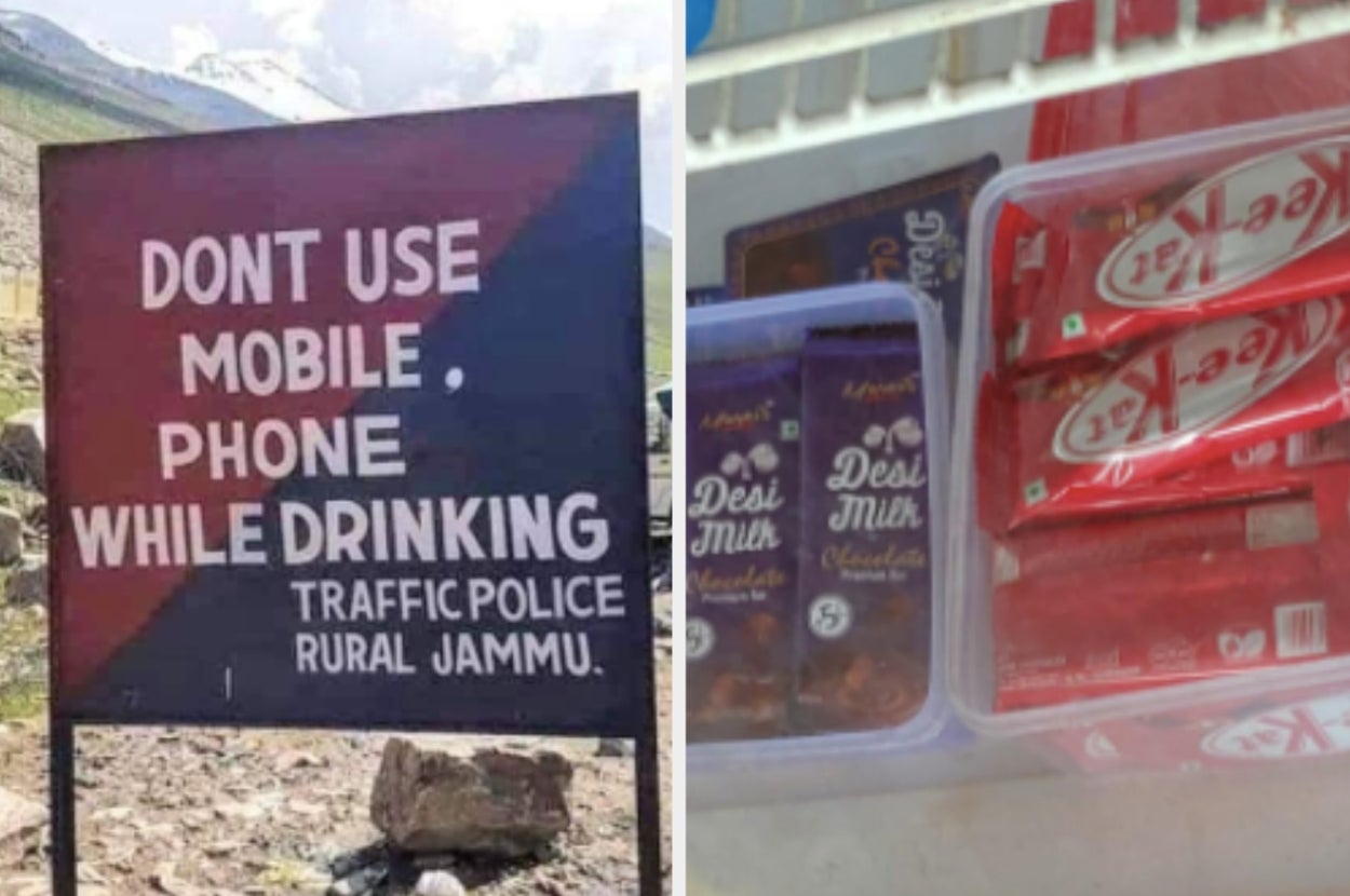 a road sign in india that says don't use mobile phone while drinking and a refrigerator in a shop that contains counterfeit dairy milk and kit kat called desi milk and kee kat