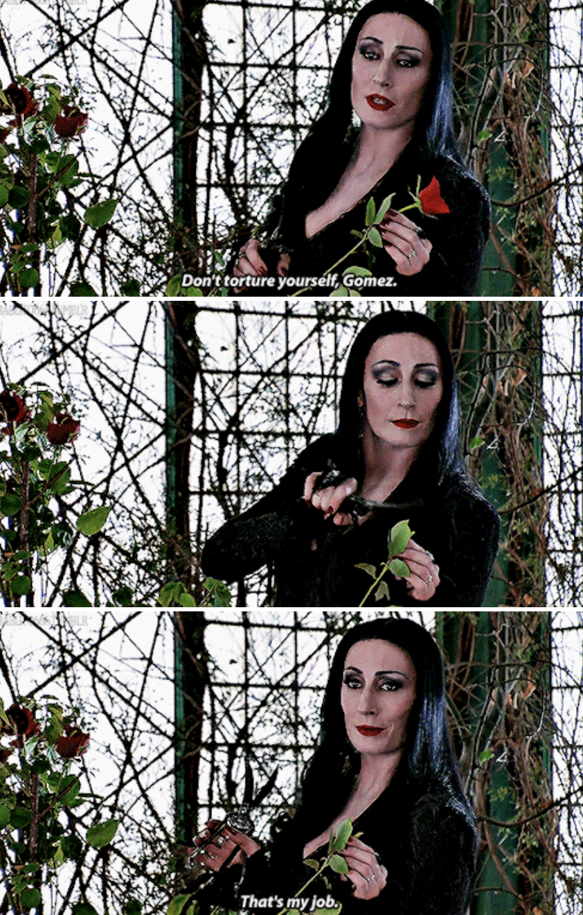 Morticia cutting a rose in her house, telling Gomez not to worry