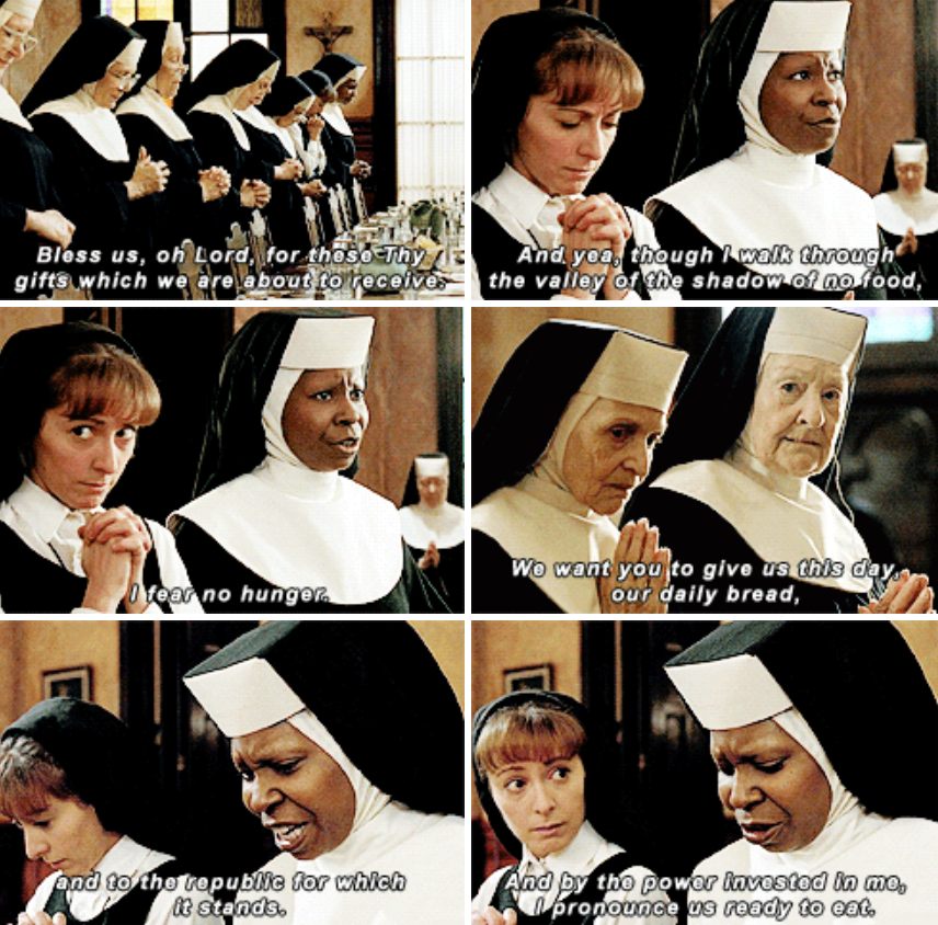 Deloris saying grace at the lunch table with the fellow nuns at the convent