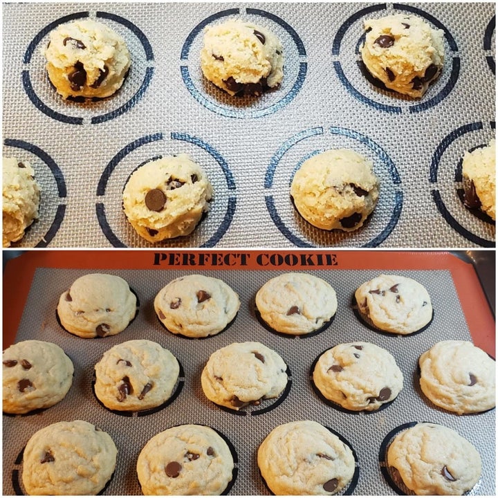 on top a reviewer's chocolate chip cookie dough in the center ring of the mat's printed guides, on the bottom the cookies after they've been baked uniform and filling the outer ring of the guide