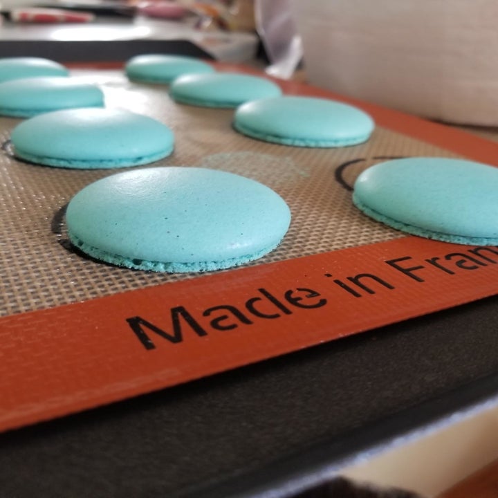 reviewer's uniform blue macaron halves on the printed mat