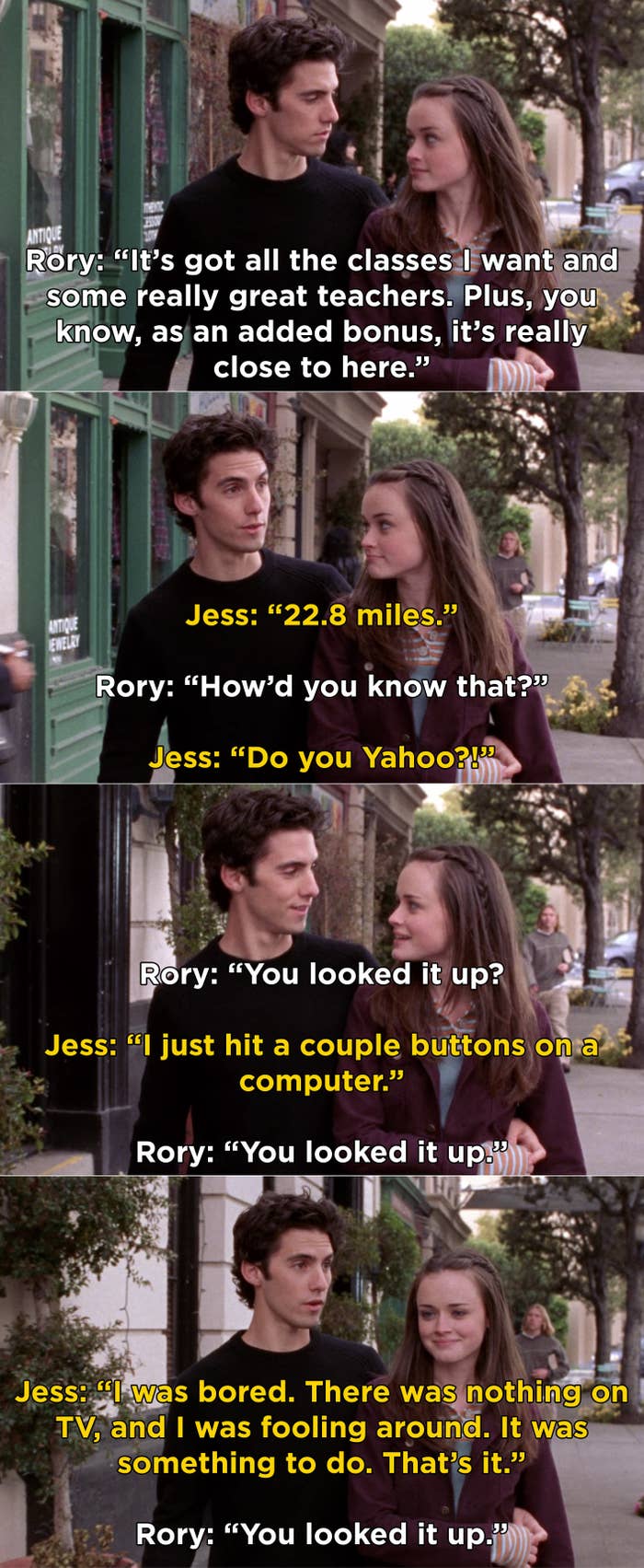 Jess telling Rory that Yale is only 22.8 miles from Stars Hollows and Rory getting emotional that he looked it up