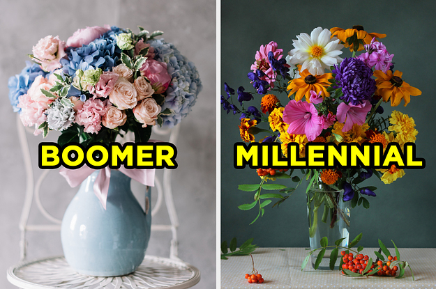 On the left, a bouquet of flowers in muted tones labeled 