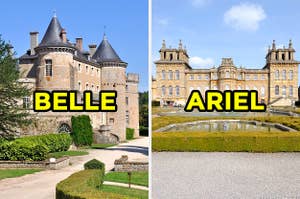 On the left, the exterior of a castle with tall towers labeled "Belle," and on the right, a stately manor with a pond out front labeled "Ariel"