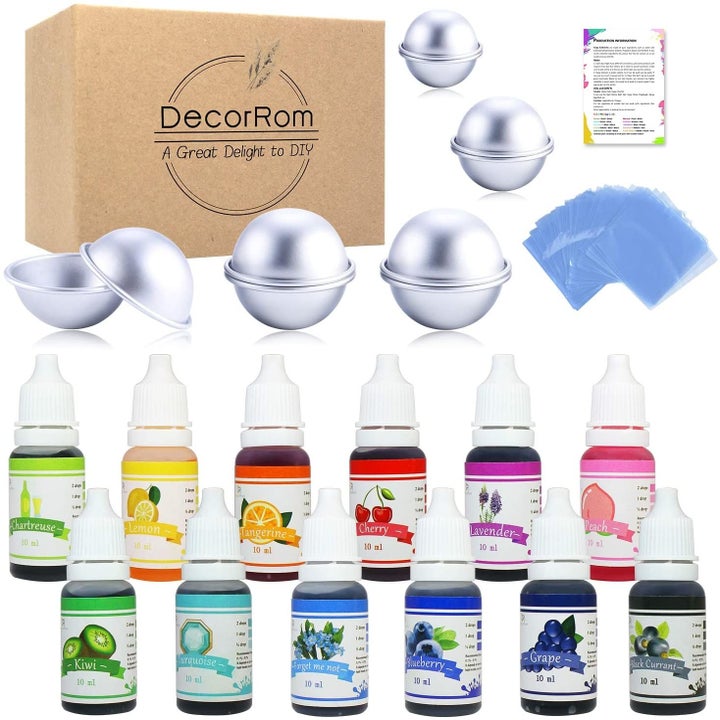 The bath bomb diy kit with molds, 12 soap dyes, and wrap bags 