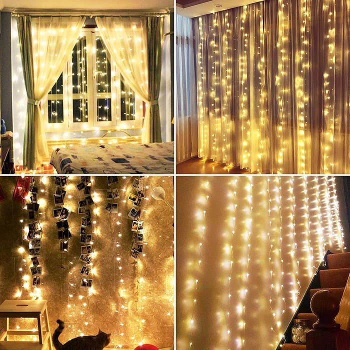 A collage of string lights hung on walls and in front of windows