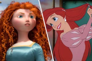 Merida is on the left, staring ahead with Ariel coming her hair with a fork on the right