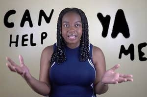 a woman shrugging with text reading "can ya help me"