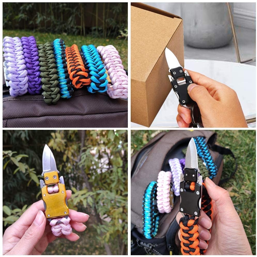 Different colored clasped bracelets, then the bracelet open with the knife being used to open a cardboard box, then a hand holding the bracelet with the knife tip extended, and a bag of clasped bracelets with one being held open
