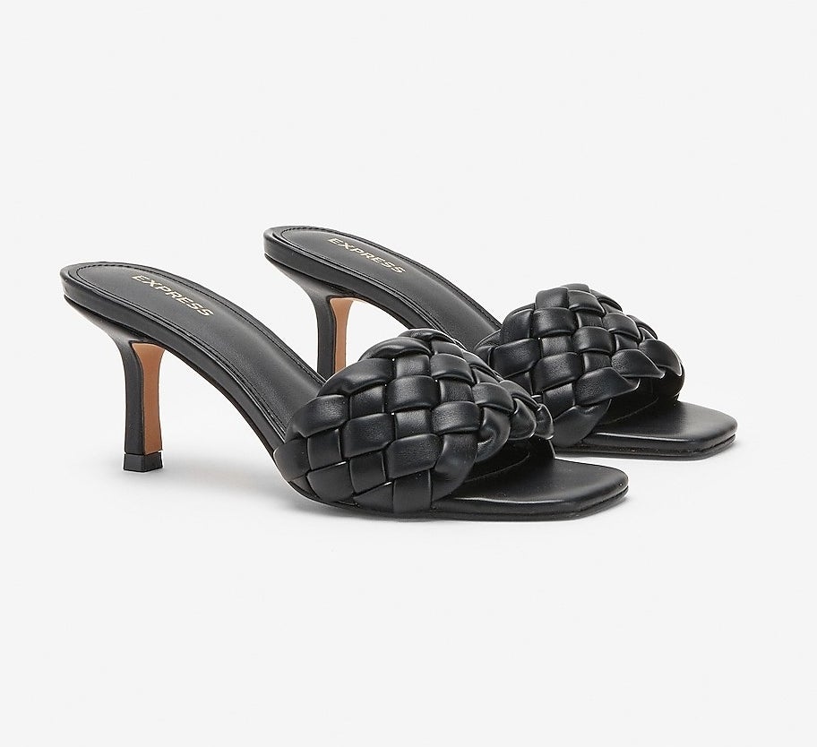 The black three-inch, square open-toe heels