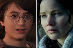 Harry Potter is on the left looking surprised with Katniss looking content on the right