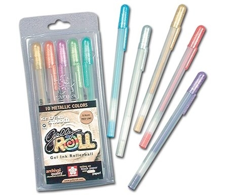A case of Gelly Roll pens with five Gelly pens beside it.