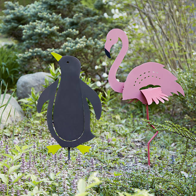 the penguin and the flamingo in a yard