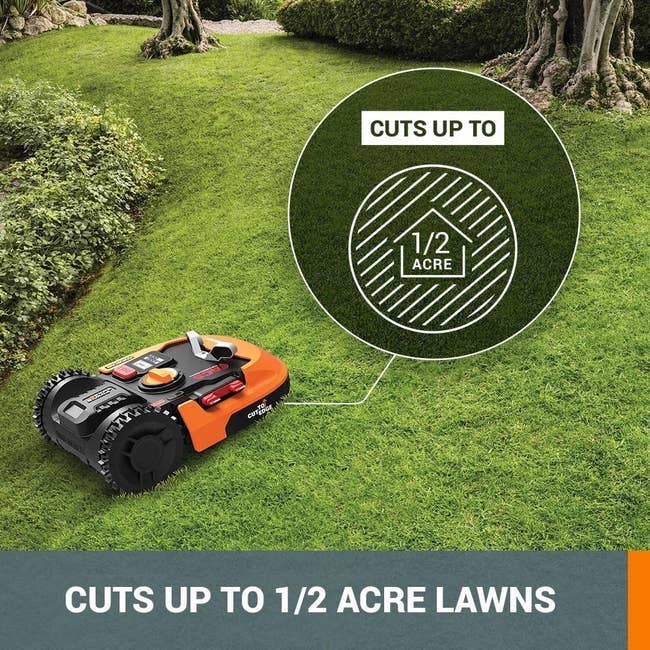 Infographic showing the robot lawn mower can cup up to 0.5-acre lawns