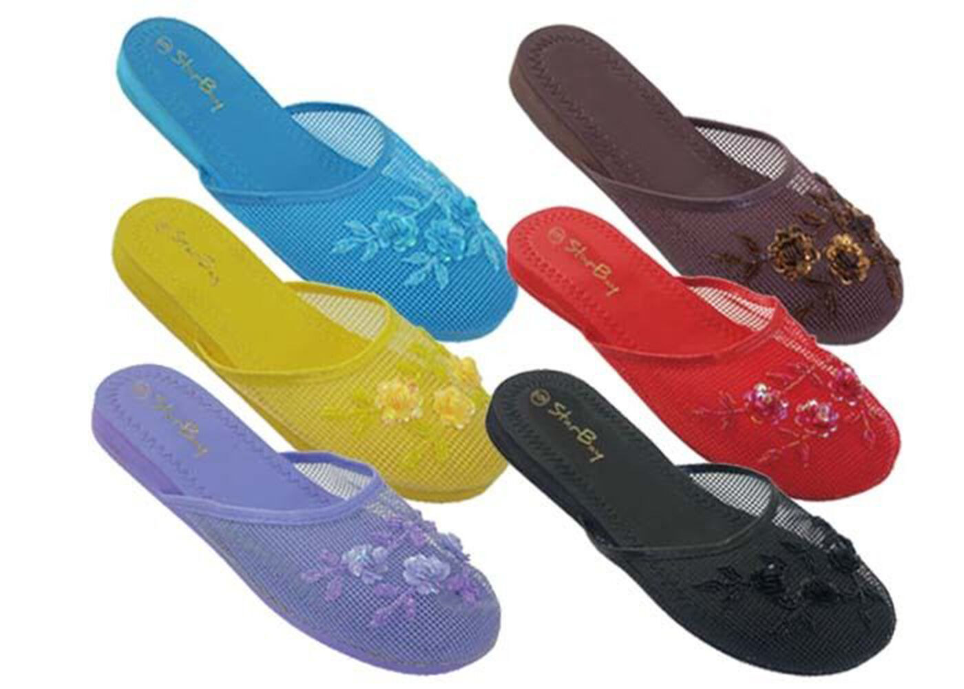 Six different mesh sandals in purple, yellow, teal, black, red, and brown