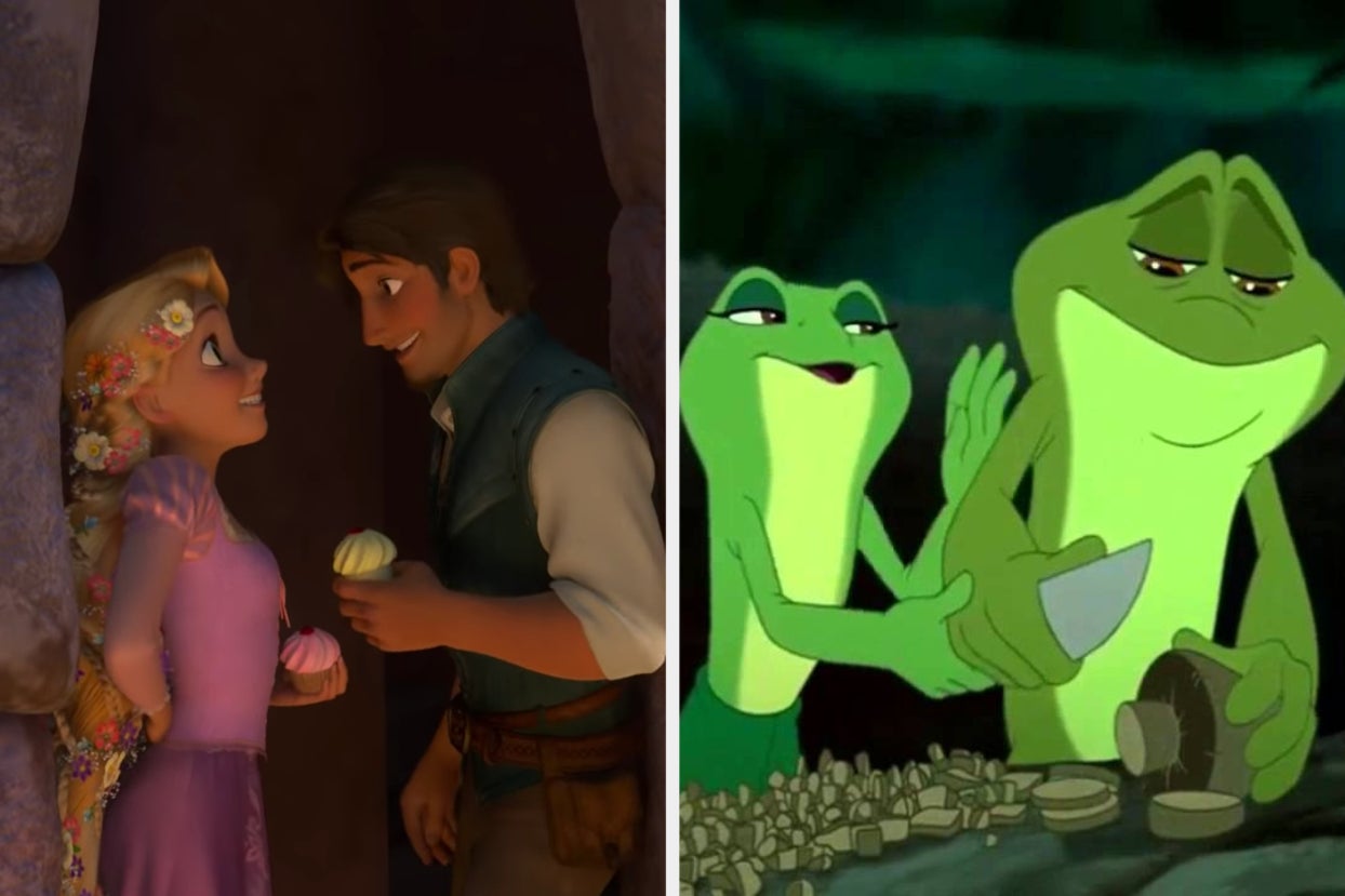 Rapunzel and Flynn hiding with cupcakes in Tangled and Tiana showing Naveen how to mince mushrooms in Princess and the Frog