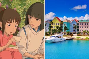 Two characters from "Spirited Away" are on the left with a row of beach front houses on the right