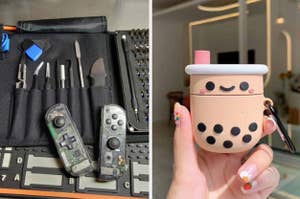 On the left, reviewer shows black tech repair kit next to broken game controller. On the right, model holds boba tea-shaped AirPods case in their manicured hand