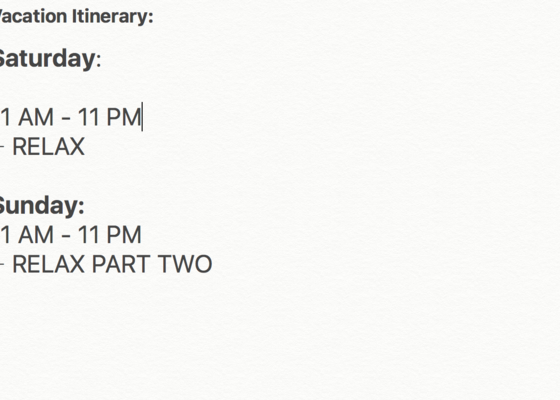 Screenshot of a sparse itinerary in the notes app that just says "relax"