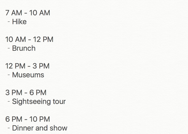 Screenshot of a packed/detailed itinerary in the notes app