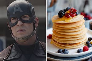 An image of Captain America wearing his helmet next to an image of a plate of pancakes with fruit