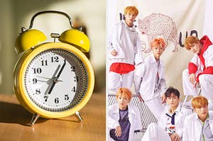 An image of an alarm clock next to an image of a NCT Dream's We Go Up album cover