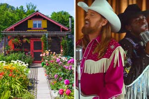 A cottage surrounded by flowers is on the left with Billy Ray Cyrus and Lil Nas X wearing a country hat on the right
