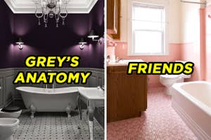 On the left, a fancy, dark bathroom with a tile floor, claw foot tab, and chandelier labeled 