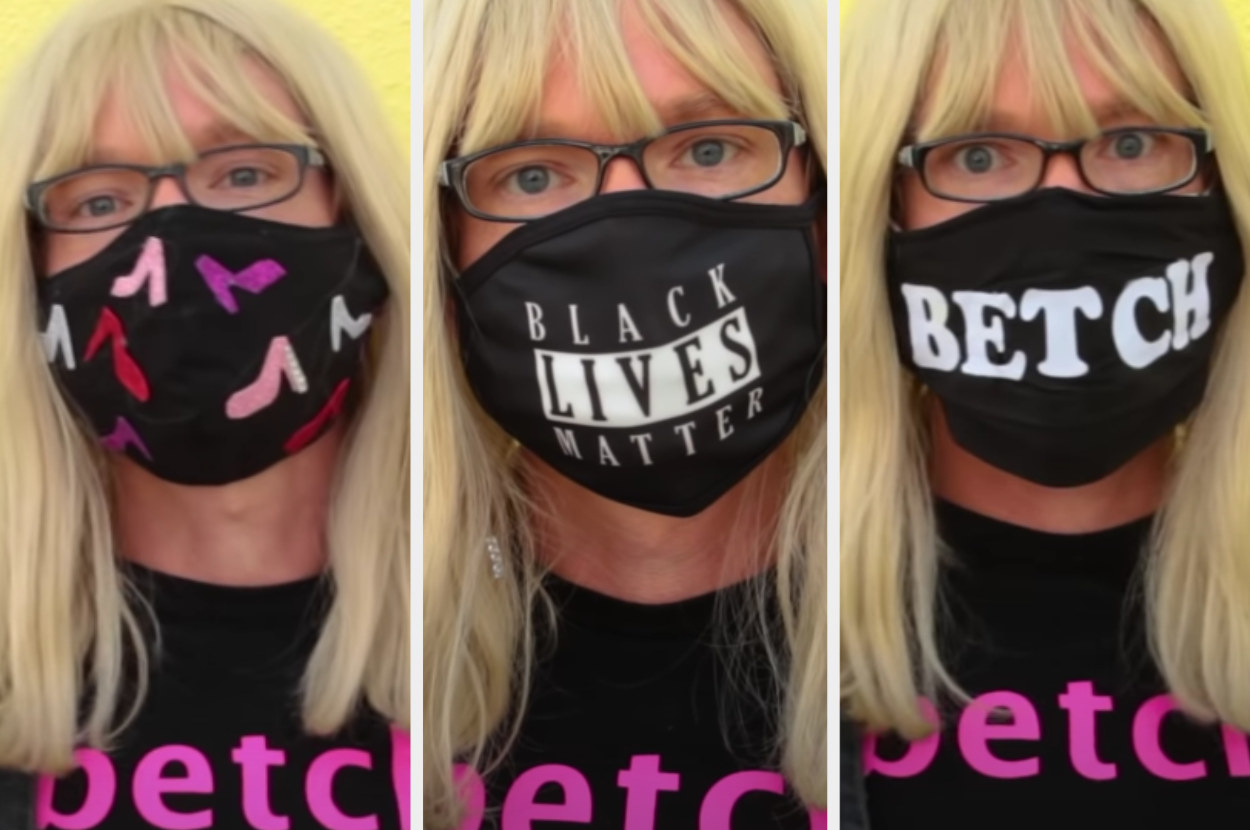 Three screenshots of Kelly wearing different masks, one mask withs shoes on it, a mask that says Black lives matter on it, and third mask that says betch on it