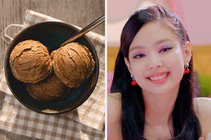An image of a bowl of coffee ice cream next to an image of Jennie from Blackpink smiling
