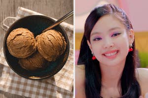 An image of a bowl of coffee ice cream next to an image of Jennie from Blackpink smiling