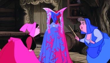The fairy Godmothers are fighting, and Aurora&#x27;s dress is splattered with pink and blue