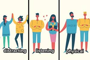 Image spliced into three columns, right is labelled "distancing", middle is labelled "listening" and right is labelled "physical" with cartoon characters acting out these labels