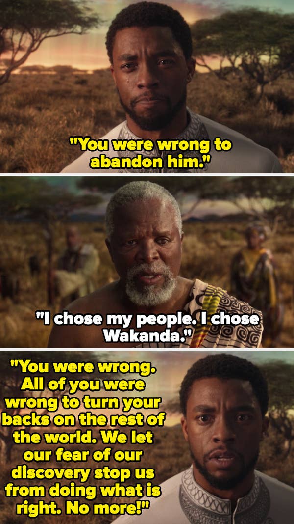 T&#x27;Challa telling his father and ancestors that they were wrong for turning their backs on the world.