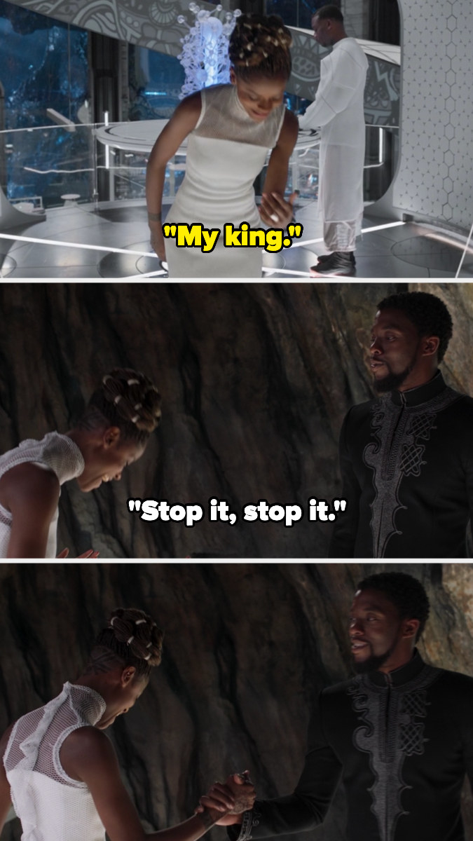 Shuri saying, &quot;My king,&quot; and T&#x27;Challa saying, &quot;Stop it,&quot; in favor of their handshake.