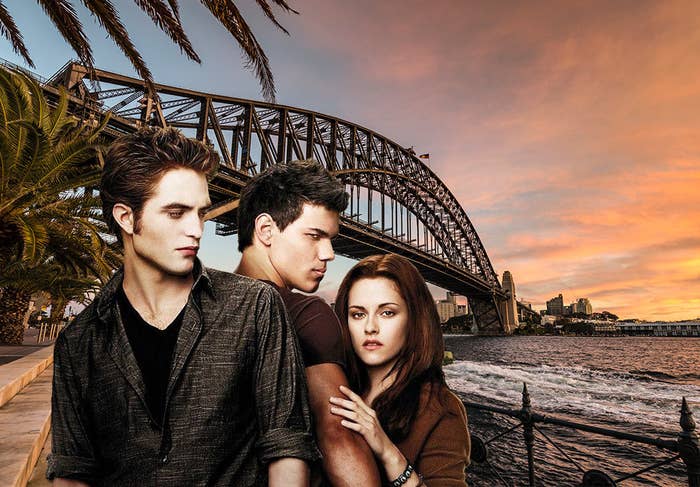 Edward, Jacob and Bella from &quot;Twilight&quot; standing in front of the Sydney Harbour Bridge in Australia