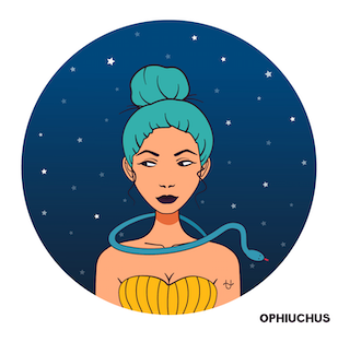 An artistic rendition of Ophiuchus — the new star sign — showing a woman with her hair in a bun, with a snake curling around her neck, she looks off to her left