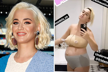 Katy Perry smiling at a press event next to her selfie wearing a nursing bra