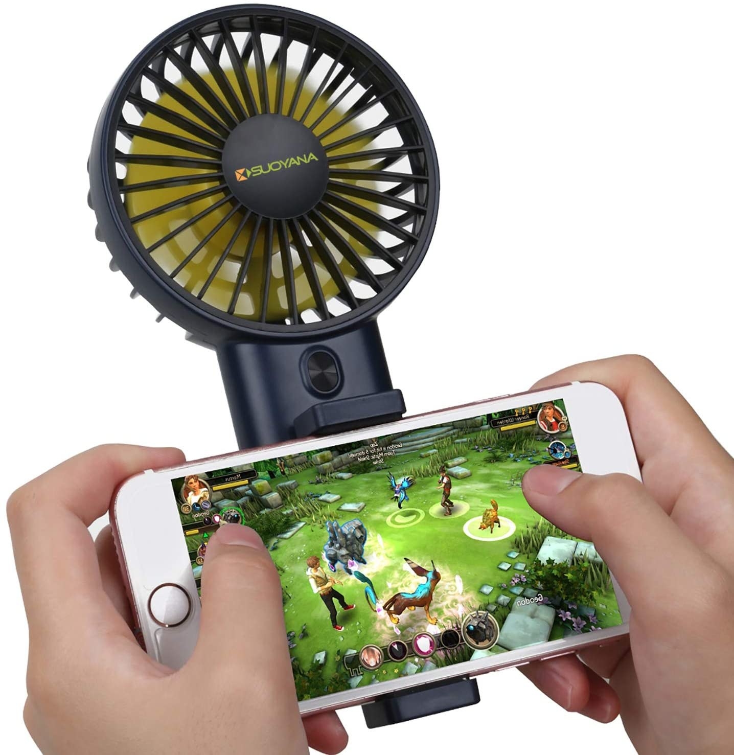 A fan clamped onto a cellphone