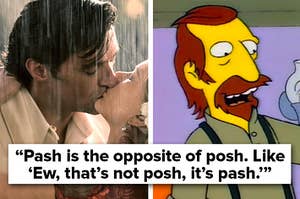 Side by side of Nicole Kidman and Hugh Jackman kissing; Right: Australian man from "The Simpsons" looking confused
