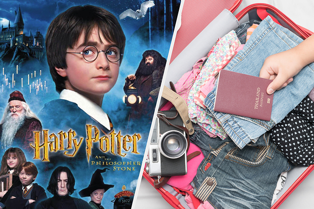 An image of a packed suitcase next to a poster of Harry Potter and the Sorcerer's Stone