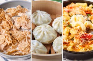 A bowl of cereal, dumplings, and lobster mac 'n' cheese