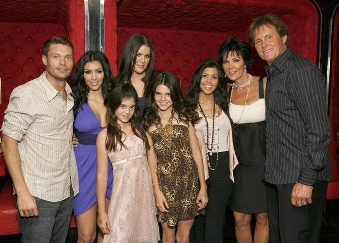Ryan Seacrest, Kim Kardashian, Kylie Jenner, Khloe Kardashian, Kendall Jenner, Kourtney Kardashian, Kris Jenner and Bruce Jenner pose for a photo at the &quot;Keeping Up With the Kardashians&quot; viewing party at Chapter 8 Restaurant on October 16, 2007.