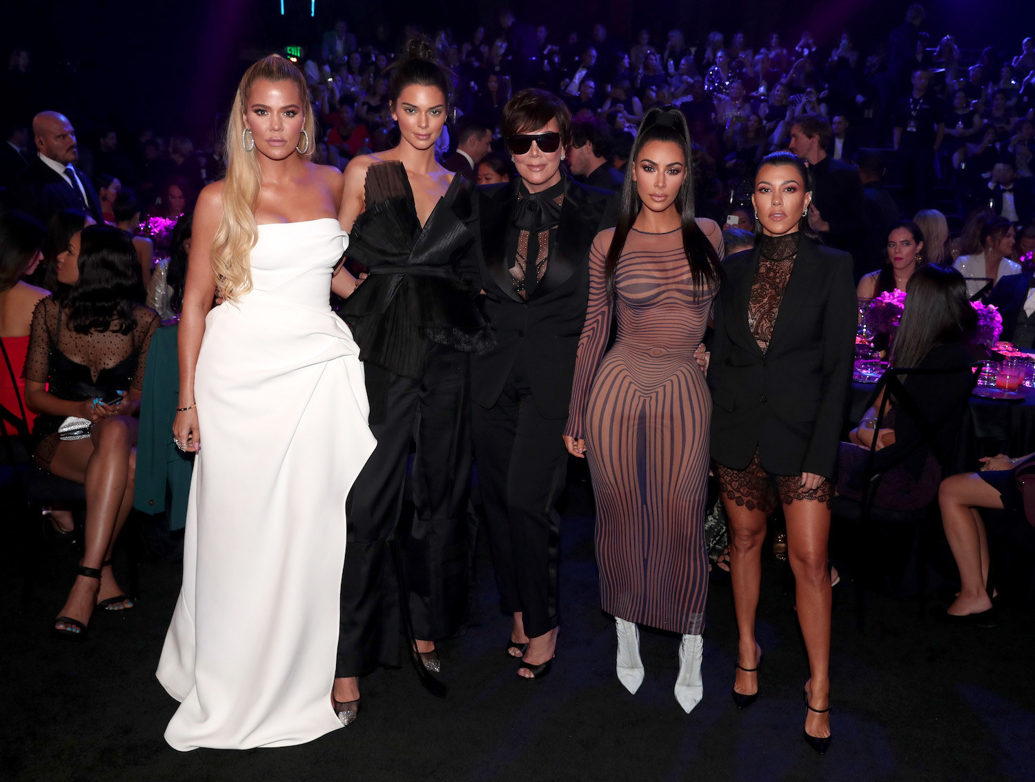 Khloe Kardashian, Kendall Jenner, Kris Jenner, Kim Kardashian, and Kourtney Kardashian on stage during the 2018 E! People&#x27;s Choice Awards. 