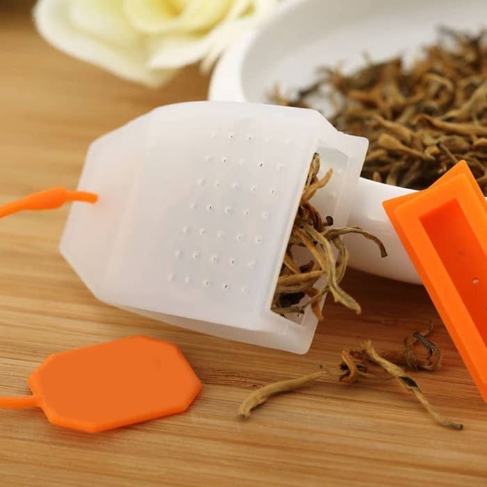 A silicone tea bag with loose leaf tea inside
