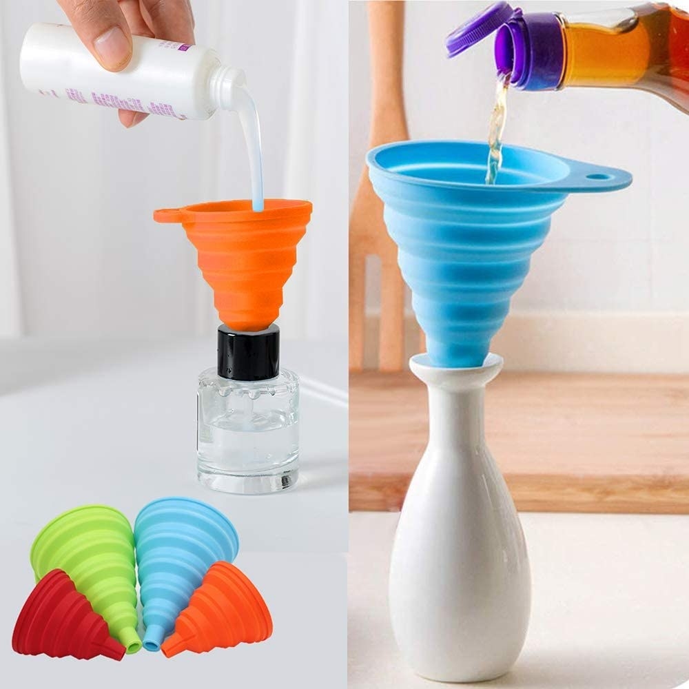 Funnels being used to pour beauty products into pretty bottles