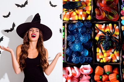 On the left, someone wears a witch's hat and is surrounded by paper bat decorations, and on the right, piles of candy, including candy corn, gummy worms, gummy teeth, and candy pumpkins with plastic spiders on top of them