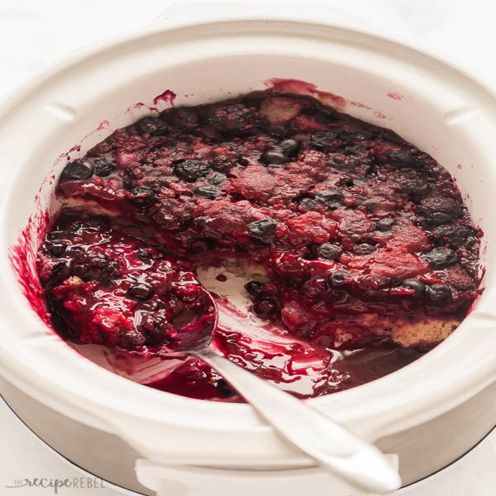 Jammy berry cobbler in a slow cooker.